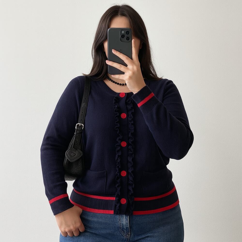 Talbots Ruffle Cardigan Nautical Vintage Inspired Preppy Classic Large